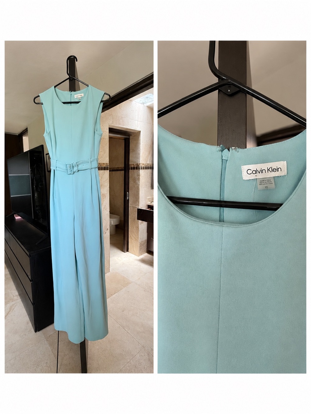 Calvin Klein Mint Green Sleeveless Belted Jumpsuit